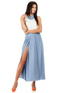 Błękitna Dwubarwna Maxi Sukienka z Szerokim Dołem z Rozcięciem