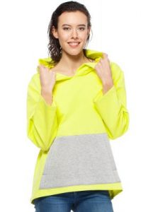 Żółta Oversizowa Bluza z Kapturem z Kontrastową Kieszenią