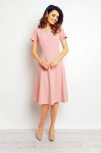 Różowa Klasyczna i Elegancka Midi Sukienka z Krótkim Rękawem