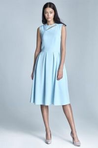 Błękitna Sukienka Midi w Delikatny Deseń z Pęknieciem przy Dekolcie