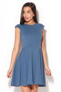 Niebieska Elegancka Sukienka z Szerokim Dołem w Zakładki