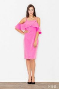 Różowa Elegancka Sukienka Midi z  Asymetrycznymi Falbankami