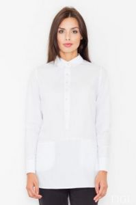 Biała Koszulowa Bluzka z Krótkim Zapieciem na Zatrzaski