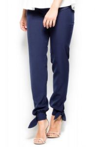 Granatowe Eleganckie Spodnie z Wiązaną Kokardą na Dole