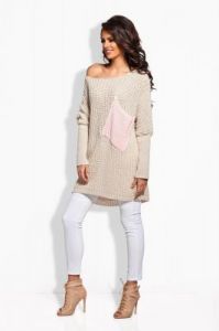 Beżowy Oversizowy Sweter z Różową Kieszenią